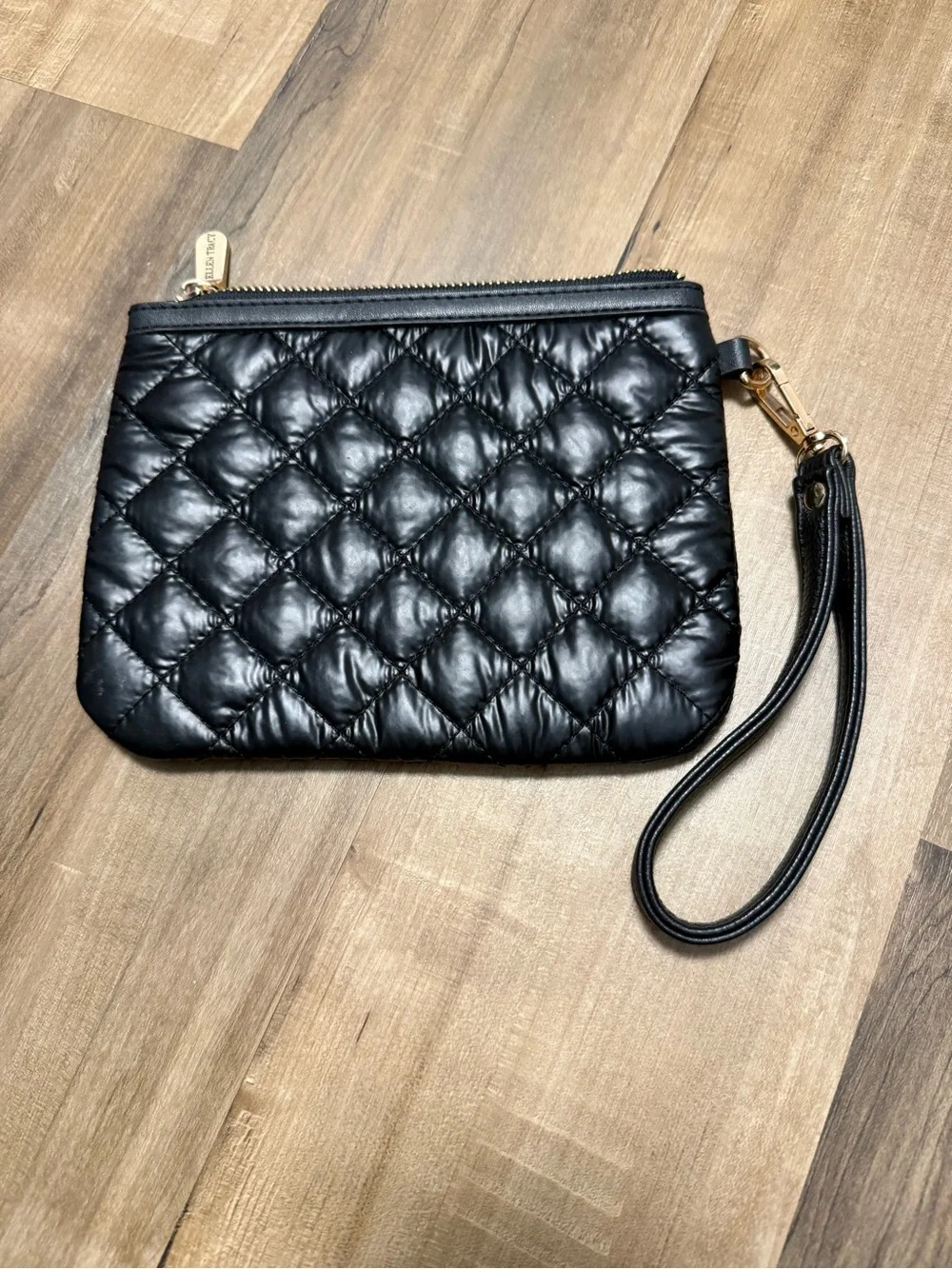 Ellen Tracy Quilted Black Gold-Accent Wristlet